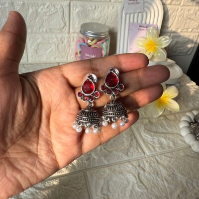 German Silver Mini Jhumka - Red